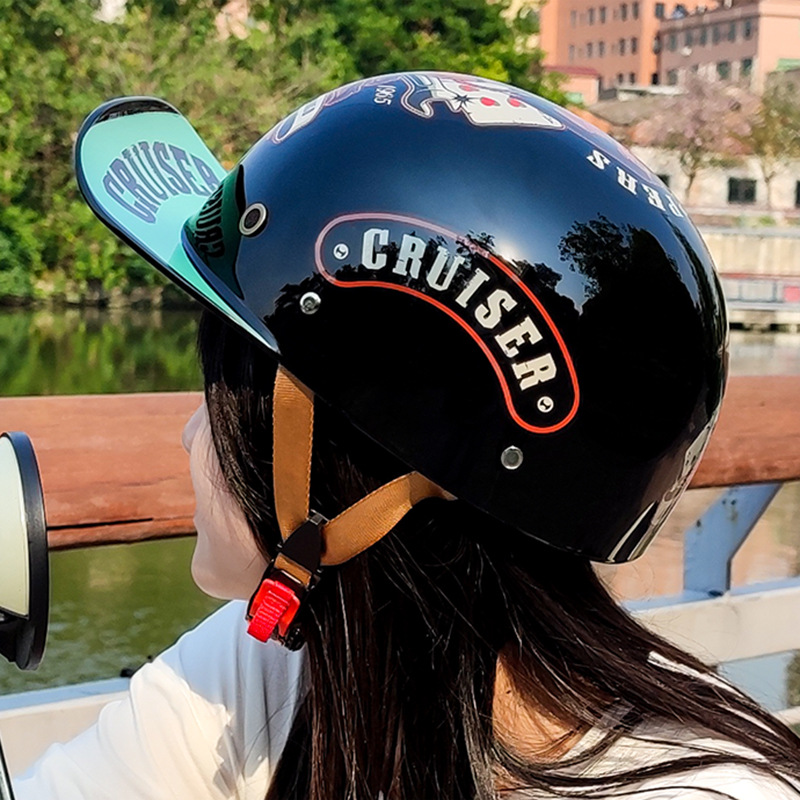 女生可爱个性棒球帽电动车头盔摩托车瓢盔四季通用哈雷盔复古半盔