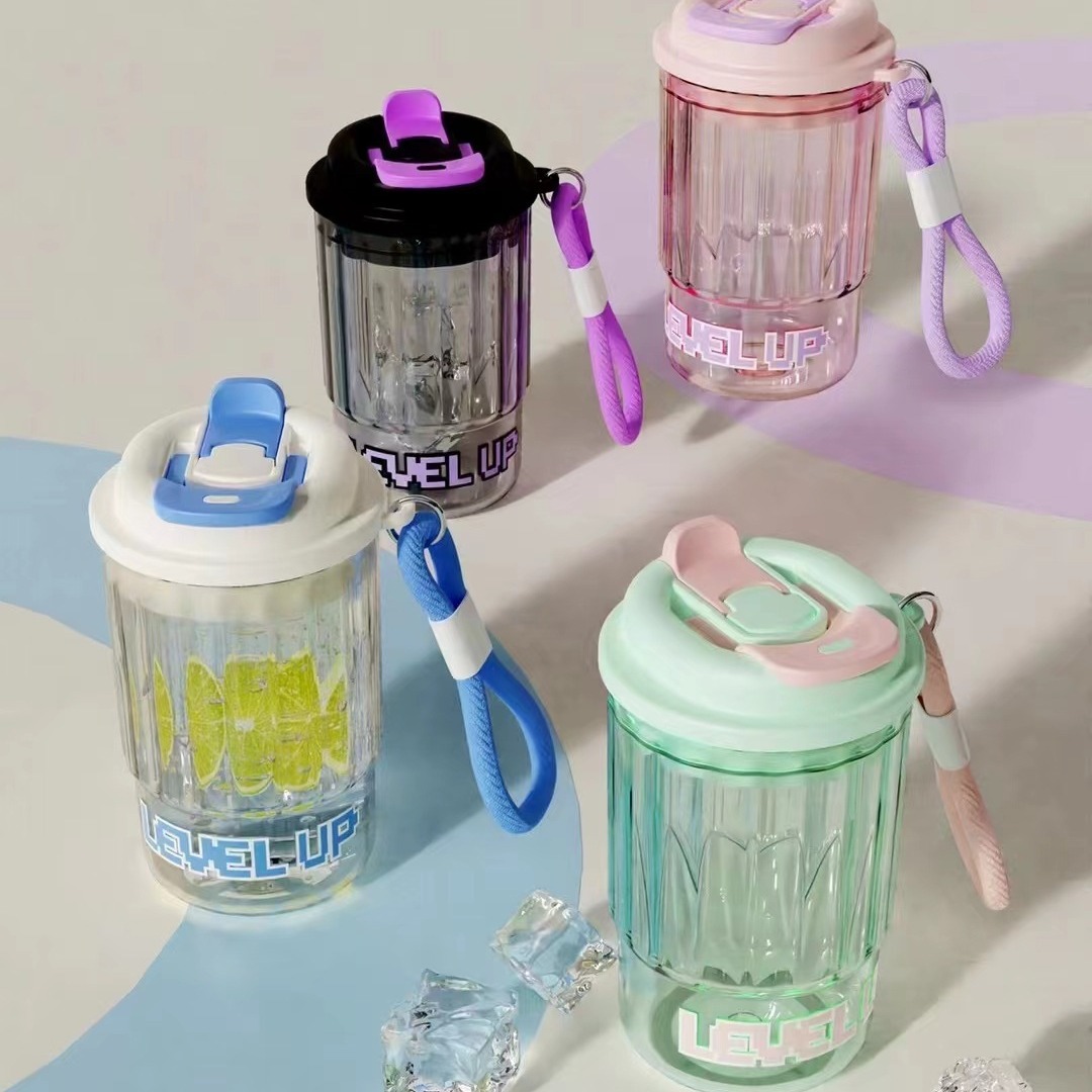 双饮咖啡杯塑料杯带吊绳携带方便500ml创意颜色男女生大学生情侣