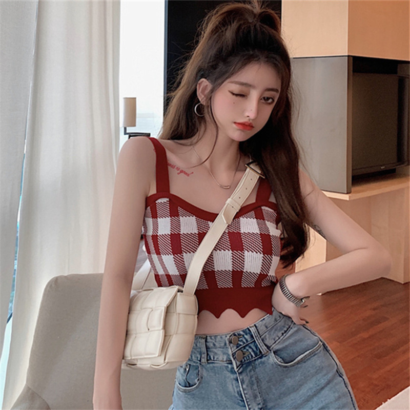短款格子小吊带裹胸背心女夏外穿ins潮修身内搭针织抹胸辣妹上衣
