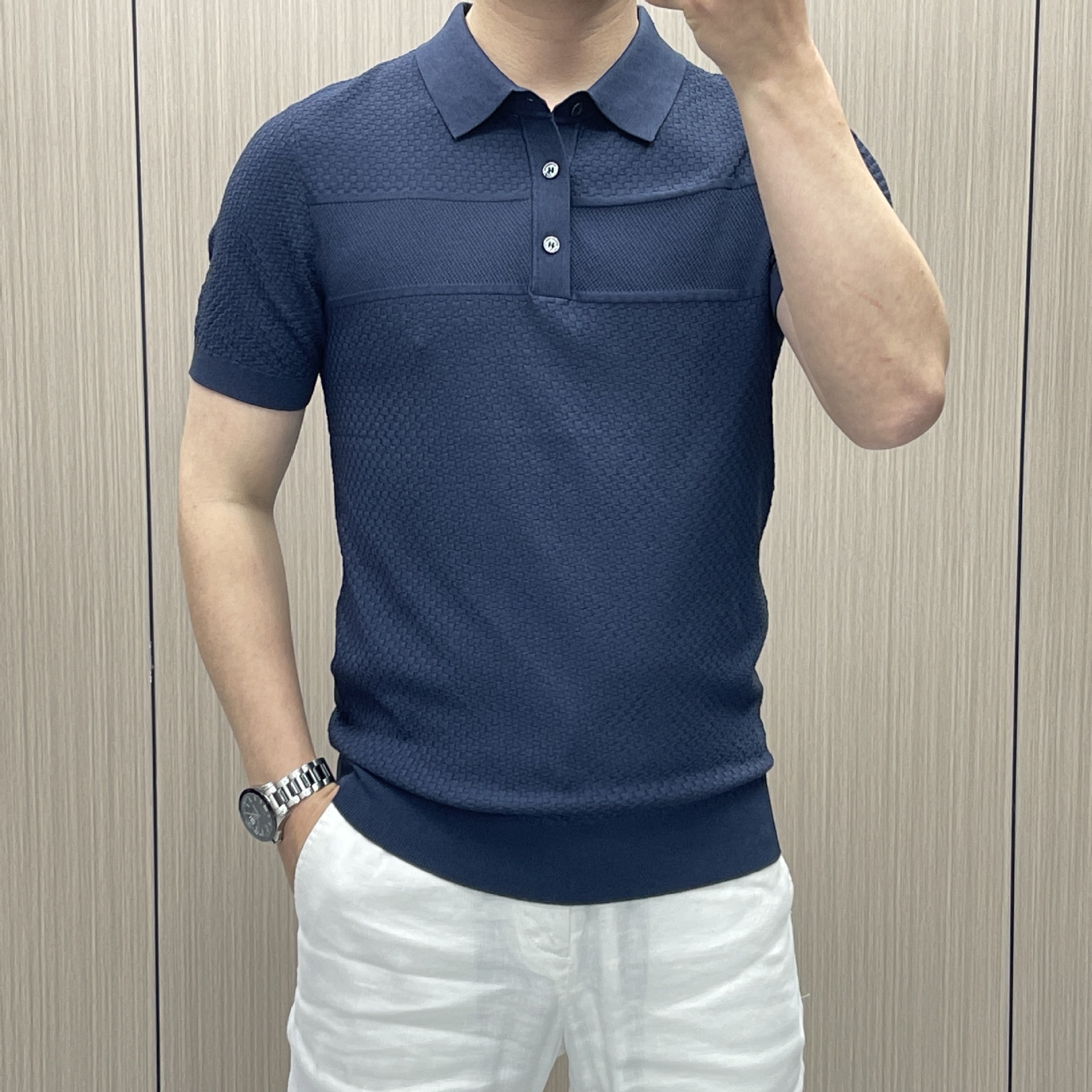 2024夏季新款进口伊力特男士商务翻领t恤16针时尚纯色提花polo衫