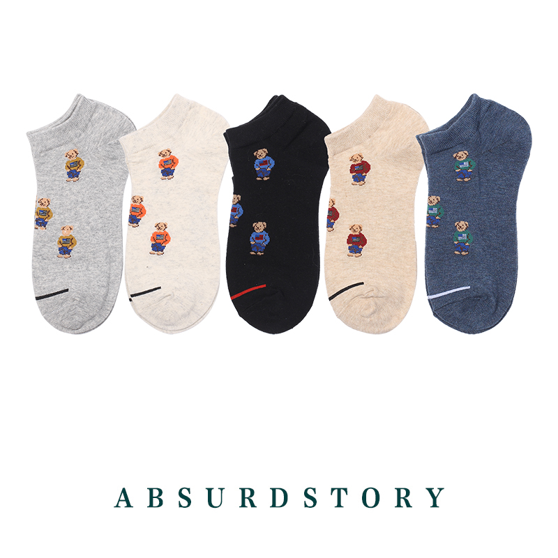 absurdstory卡通小熊情侣款全 棉船袜短袜素色韩国学院风信良贸易