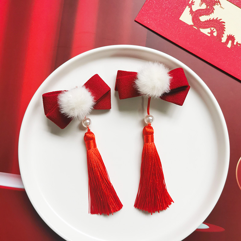 国潮女童唐装发饰复古红色蝴蝶结发卡毛球五瓣花对夹儿童新年头饰