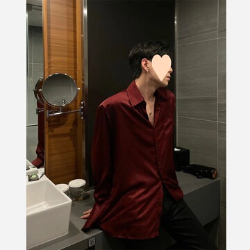 禁欲系男装酒红色古巴领衬衫男春季冰丝缎面衬衣巴洛克外套dk制服