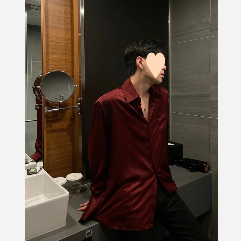 禁欲系男装酒红色古巴领衬衫男春季冰丝缎面衬衣巴洛克外套dk制服