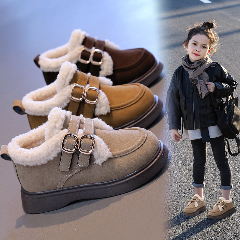 girls‘ cotton shoes children‘s shoes 2023 winter new matte leather surface korean style fur shoes children plus velvet warm doug shoes