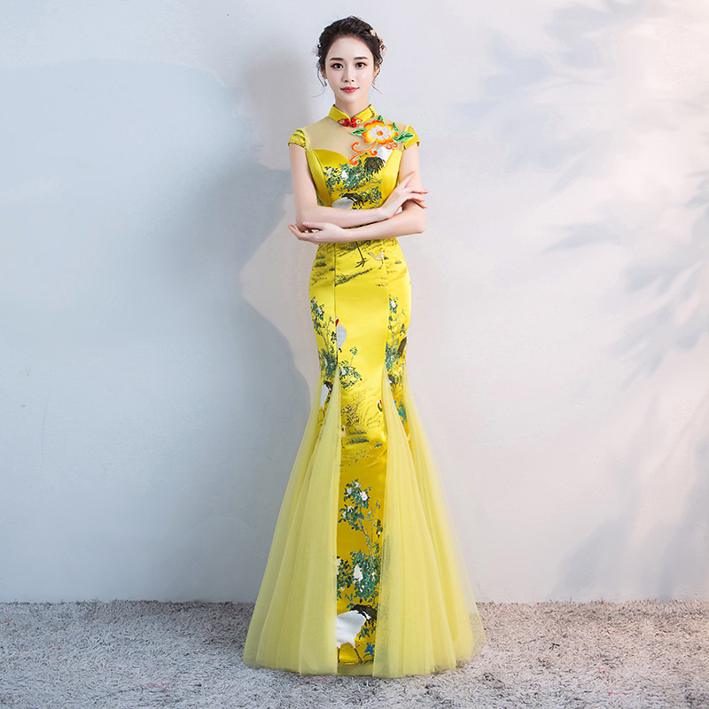 2022新款修身改良鱼尾旗袍长款黄色宴会晚礼服舞台走秀表演出服装