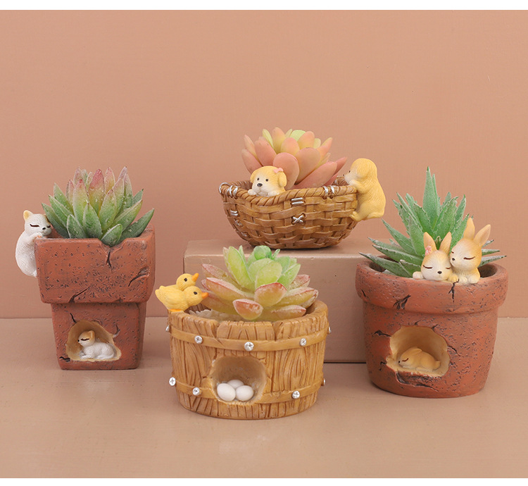 田园乡村仿古树脂多肉花盆创意家庭桌面园艺花器diy手工小花盆