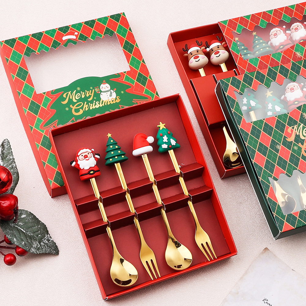 J Cross-Border Christmas Spoon and Fork Set Cartoon Funny Rabbit Year Santa Claus Spoon Creative Christmas Dessert Spoon Fork Gift Box