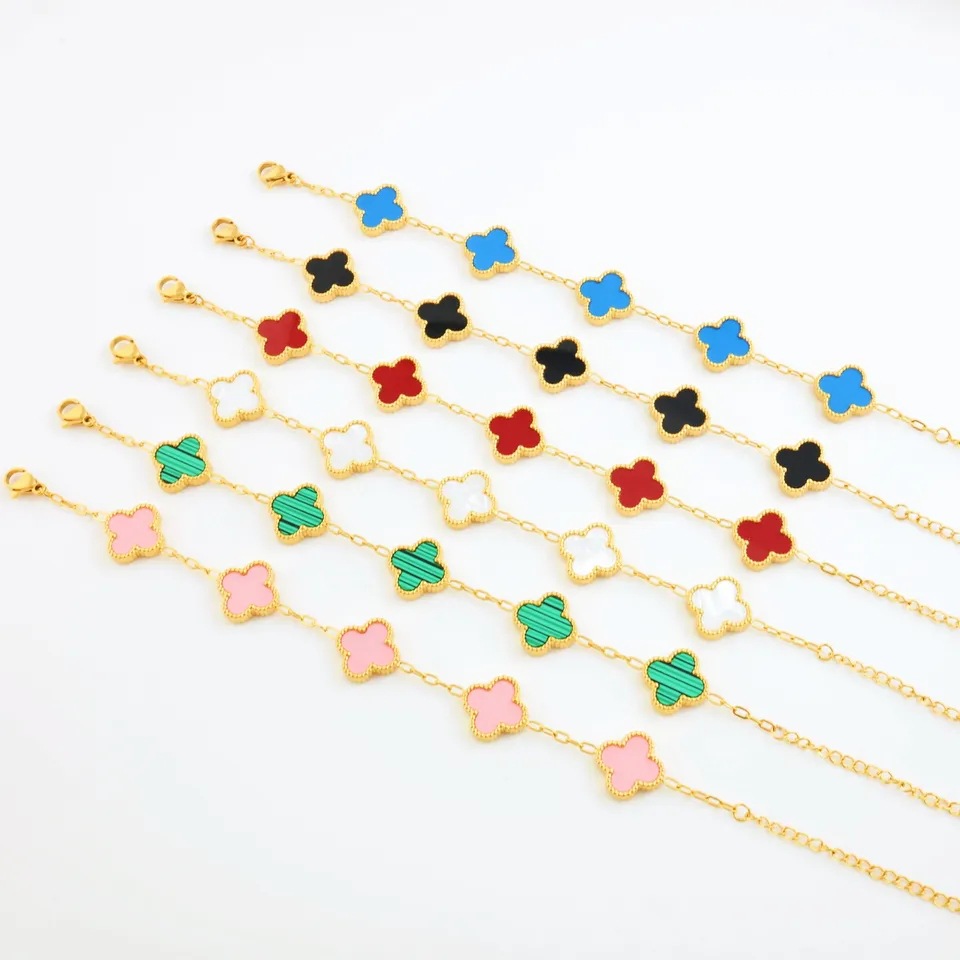 跨境爆款四叶草手链18k金时尚轻奢钛钢双面幸运草五花贝母手链