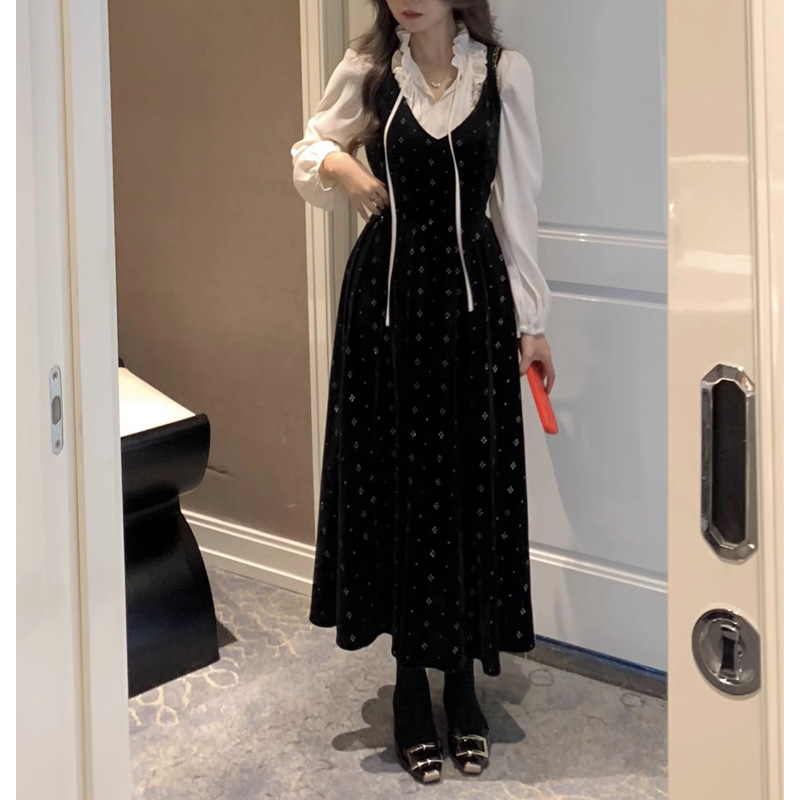 品优 法雪绒花 / 韩版早春雪花烫金丝绒背心吊带连衣裙2027春新款