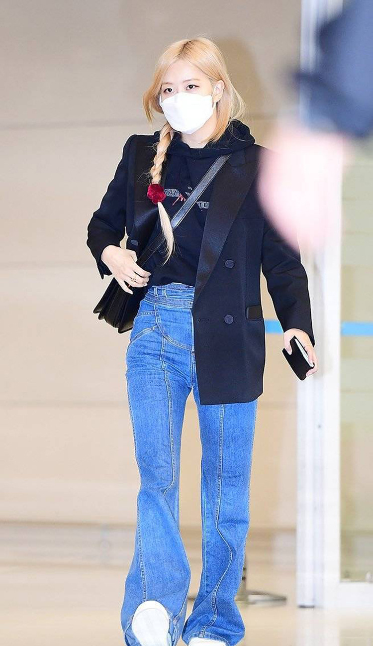 【现货】朴彩英rose同款微喇叭牛仔裤女收腰阔腿系带拖地长裤春秋