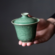三才盖碗仿宋凤凰梅子青瓷茶杯单个陶瓷茶具带盖不烫手泡茶茶碗