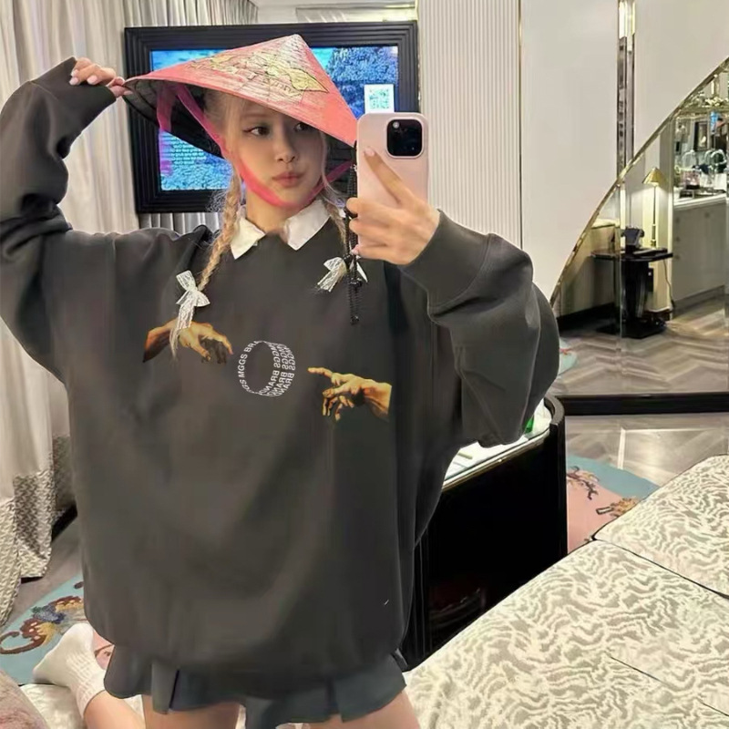 朴彩英rose无帽卫衣女潮牌黑色长袖上衣学生初秋穿搭韩国女装