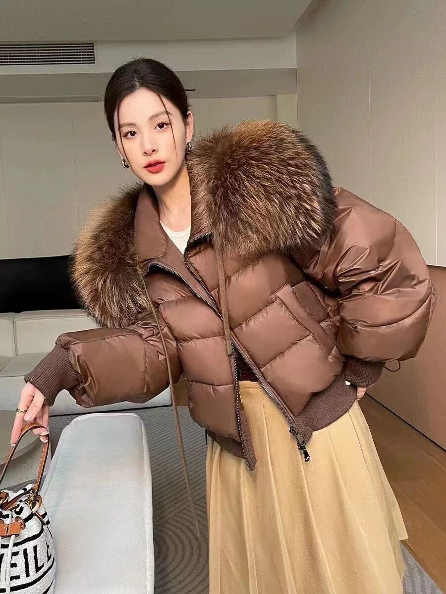 European Station Korean Style New High-End Real Raccoon Fur Big Fur Collar down Jacket Women's Short Thick Loose Warm Coat