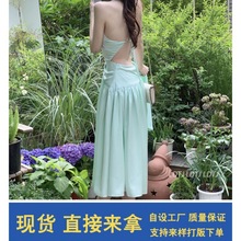 泰国式三亚度假海约宴会缎面绑带边性感露背仙女绿连衣裙