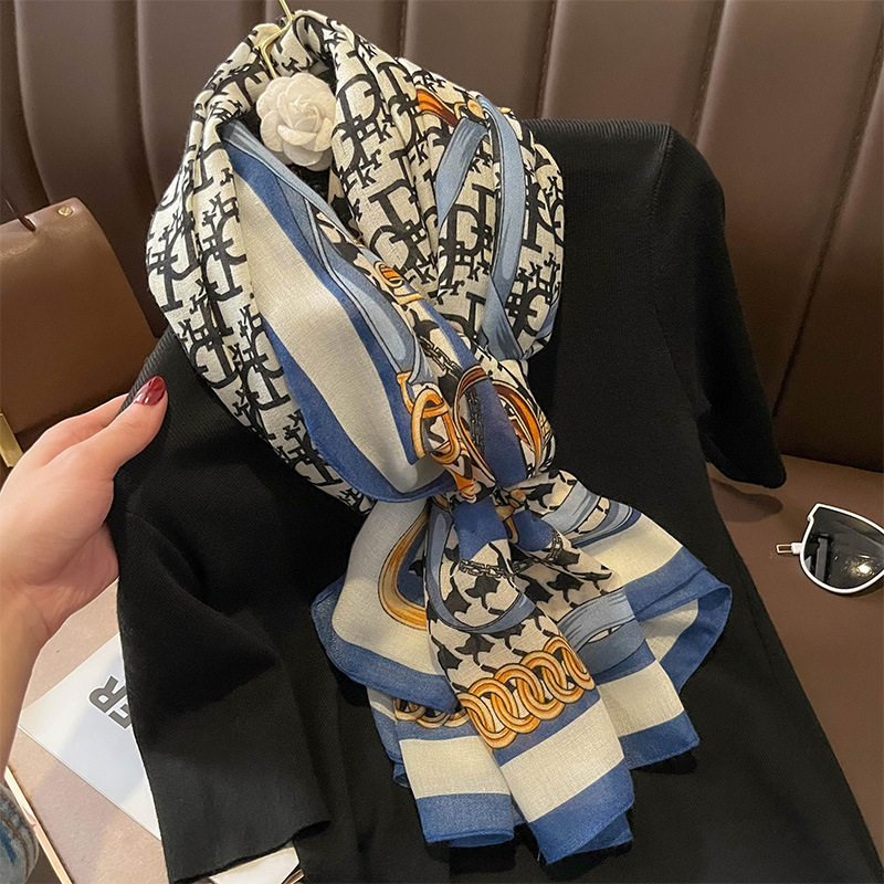 Women's Korean-Style Stitching Design Letter Houndstooth Cotton and Linen Scarf Autumn and Winter Warm All-Matching Outer Shawl Women's Scarf