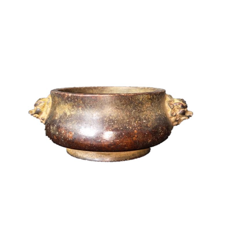 古玩收藏仿古宣德炉双耳狮首铜香炉茄紫皮老包浆底款陈巧生小香炉