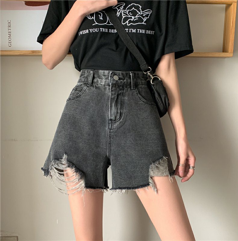 Black Jeans Shorts for Women 2023 Summer New Korean Style Ripped High Waist Slimming Hot Pants Hot Girl Wide-Leg Pants