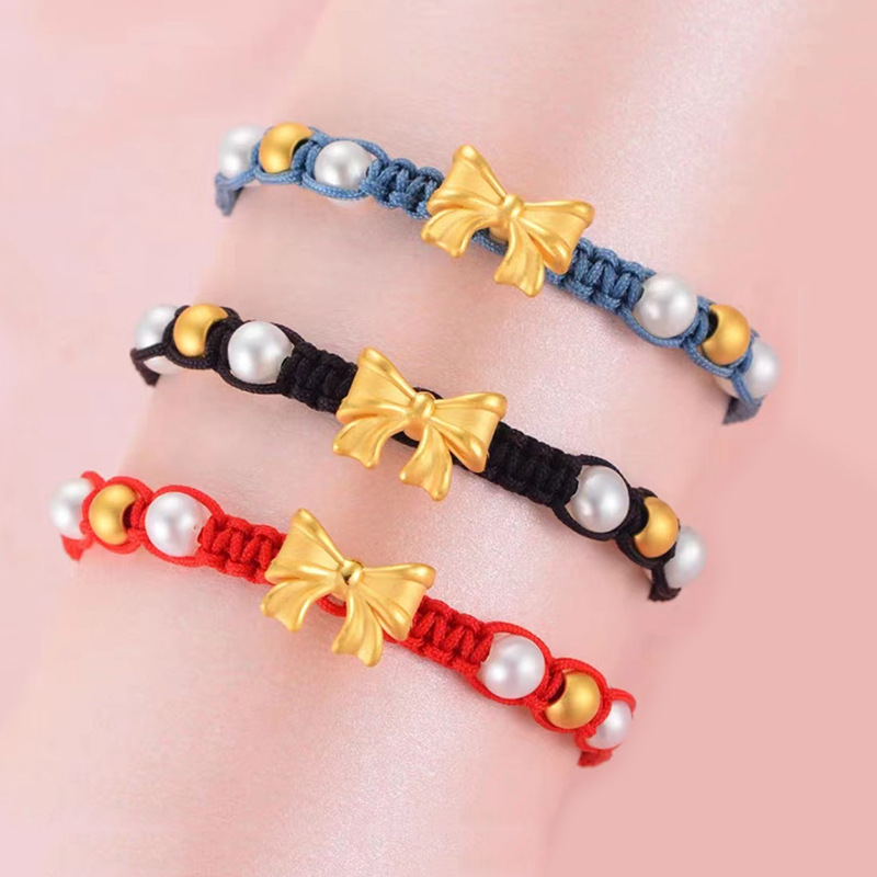 在逃公主足金蝴蝶结手链 珍珠转运珠编织手绳七夕送女友礼物批发