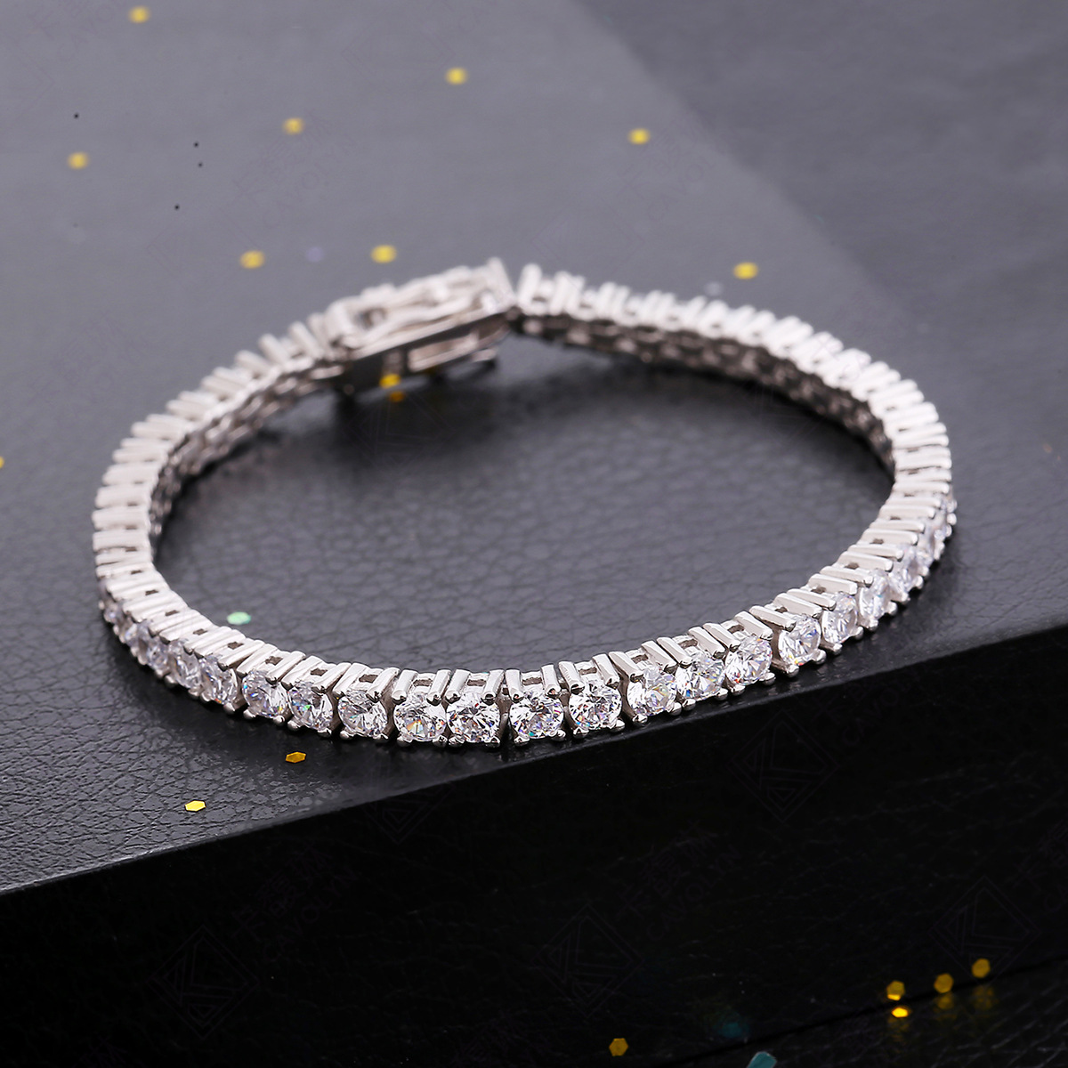 四爪圆排钻满钻手链 铂金白金莫桑石女20分嘻哈潮仿真钻石