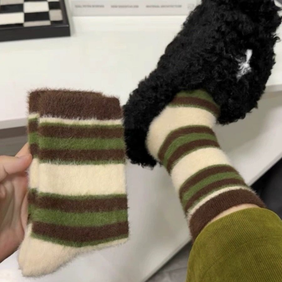 autumn and winter warm plush socks mink fur retro mixed color stripe girl tube socks thickened fleece-lined maternity socks
