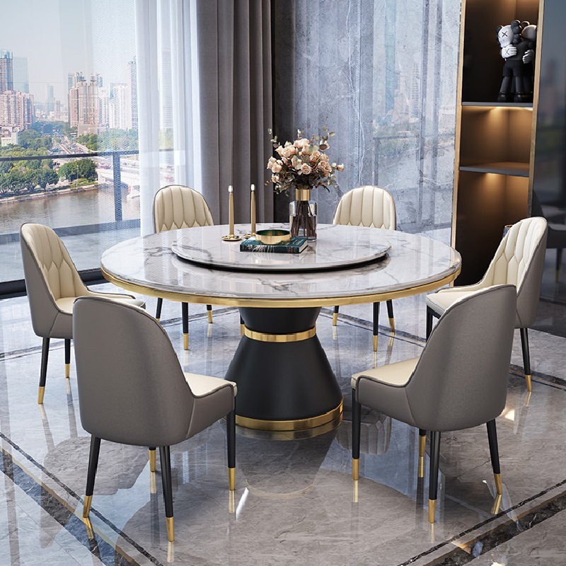 大理石餐桌大圆桌餐厅转盘现代简约小户型圆形高档吃饭餐桌椅组合