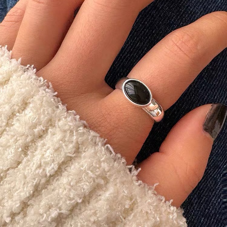 椭圆黑玛瑙戒指通体925纯银小众设计女开口叠戴冷淡风高级指环女