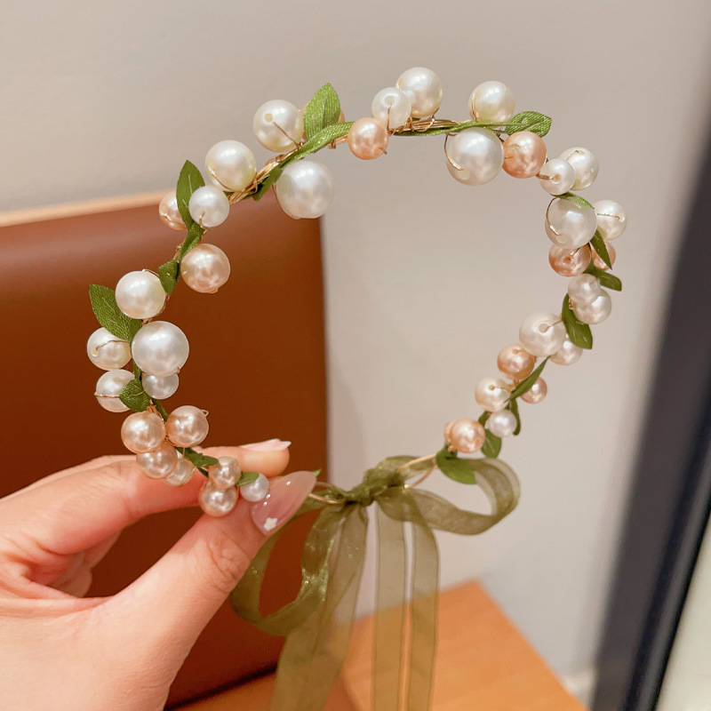 女童气质森系绿叶珍珠花环发带雪纱飘带编发发饰头箍女孩花童发饰