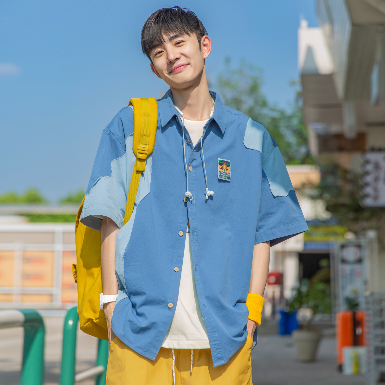 夏天多巴胺穿搭男生短袖衬衫套装日系复古拼接上衣衬衣外套-阿里巴巴