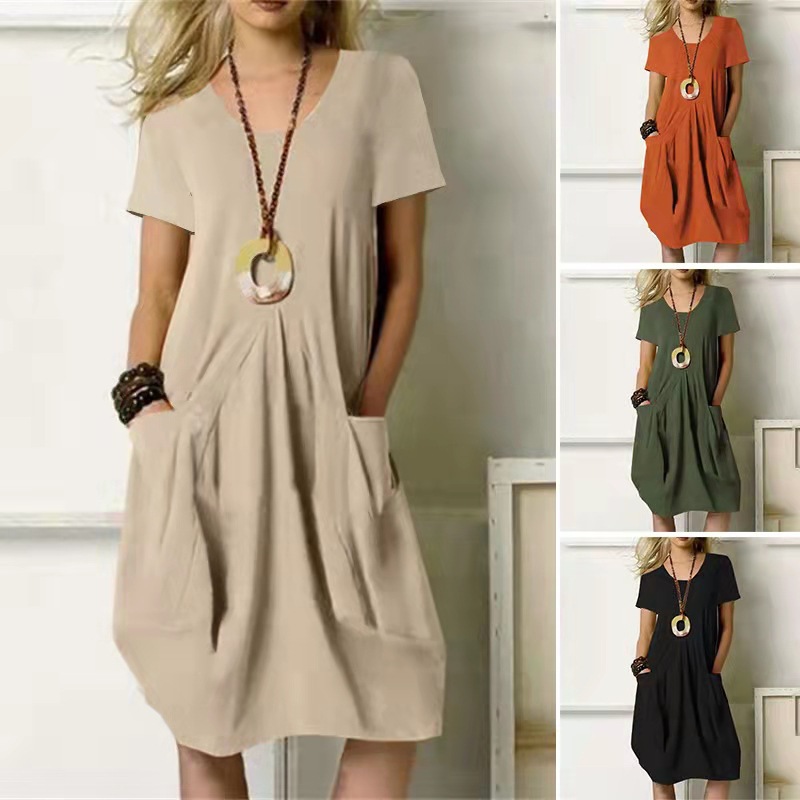2023 Cross-Border Summer New Amazon Wish Hot Sale Cotton Linen Solid Color Loose round Neck Short Sleeve Dress
