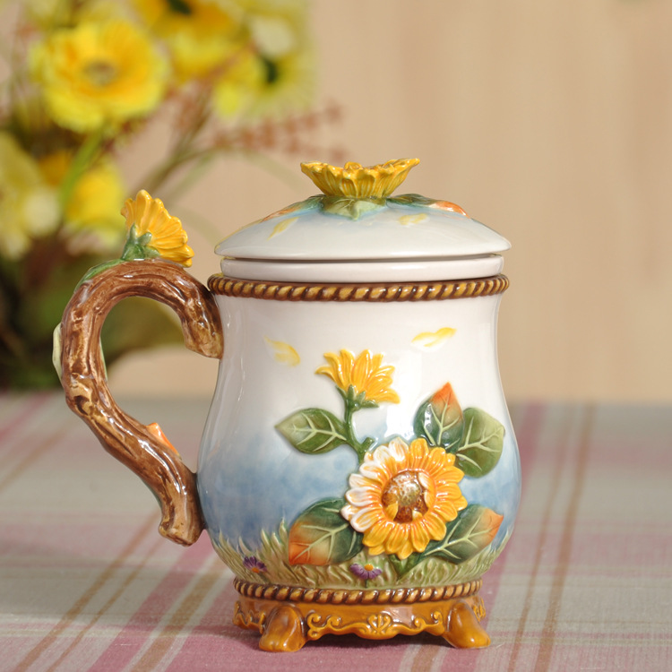 Ceramic Underglaze SUNFLOWER Sunflower Cup with Lid Household Living Room Water Cup Tea Strainer Tea Cup Filter Cup