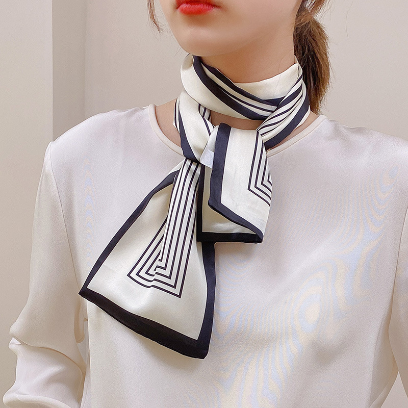 Korean Style New Geometric Small Silk Scarf Women's Rectangular Spring, Summer, Autumn Versatile Professional Decorative Striped Scarf Hair Band Arm Bag