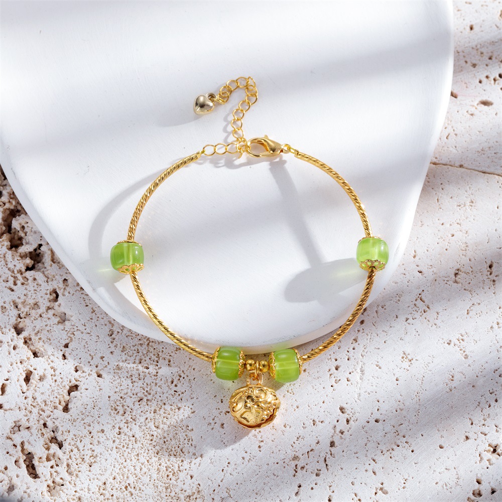 Tiktok National Style Gold Inlaid with Jade Vintage Court Design Inlaid Bracelet Hetian Jade Bell Agate Alloy Bracelet Bracelet