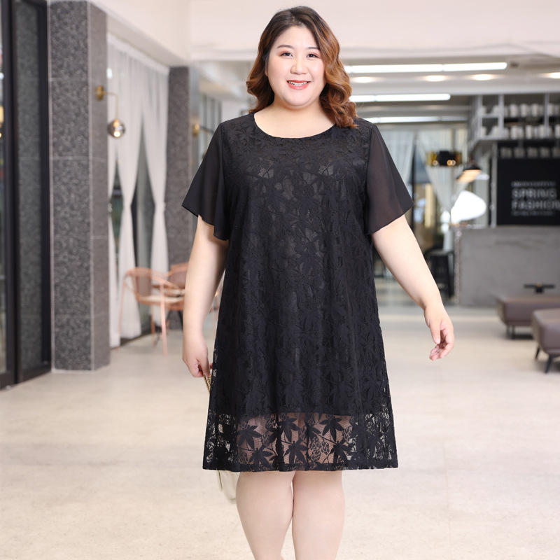 大码女装胖妹妹200斤气质通勤蕾丝连衣裙女夏黑色显瘦圆领a字裙