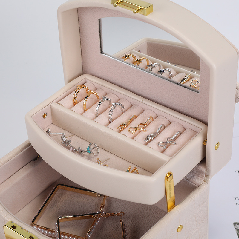 3-Layer Tape Mirror Jewelry Storage Box Female Earrings Ring Necklace Jewelry Box Trumpet Simplicity Jewelry Storage Box