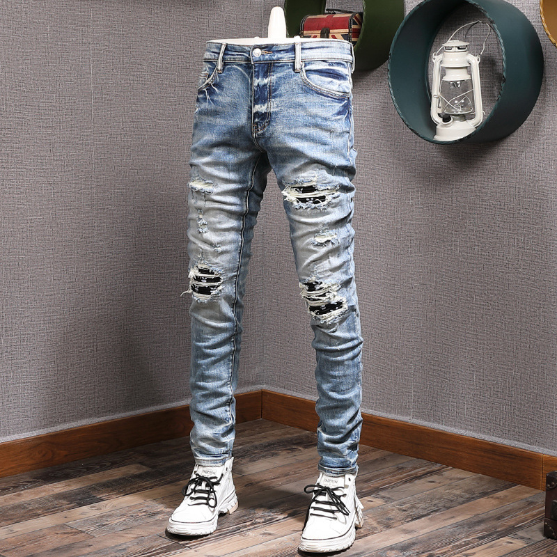 European Station Heavy High Street Fashionable Ripped Jeans Fashion Brand Retro Slim Fit Skinny Patch Young Men's Jeans