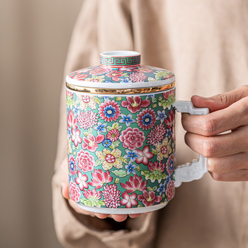 珐琅彩水杯礼盒装送礼高档办公杯陶瓷过滤内胆分离泡茶马克杯