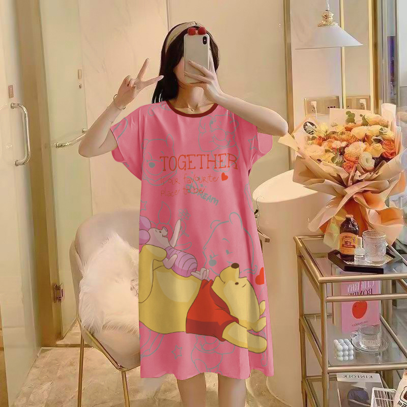 INS Cultural Dress Short Sleeve Summer Pajamas Thin Large Size Cartoon Live Home Wear Mid-Length Dress Nightdress