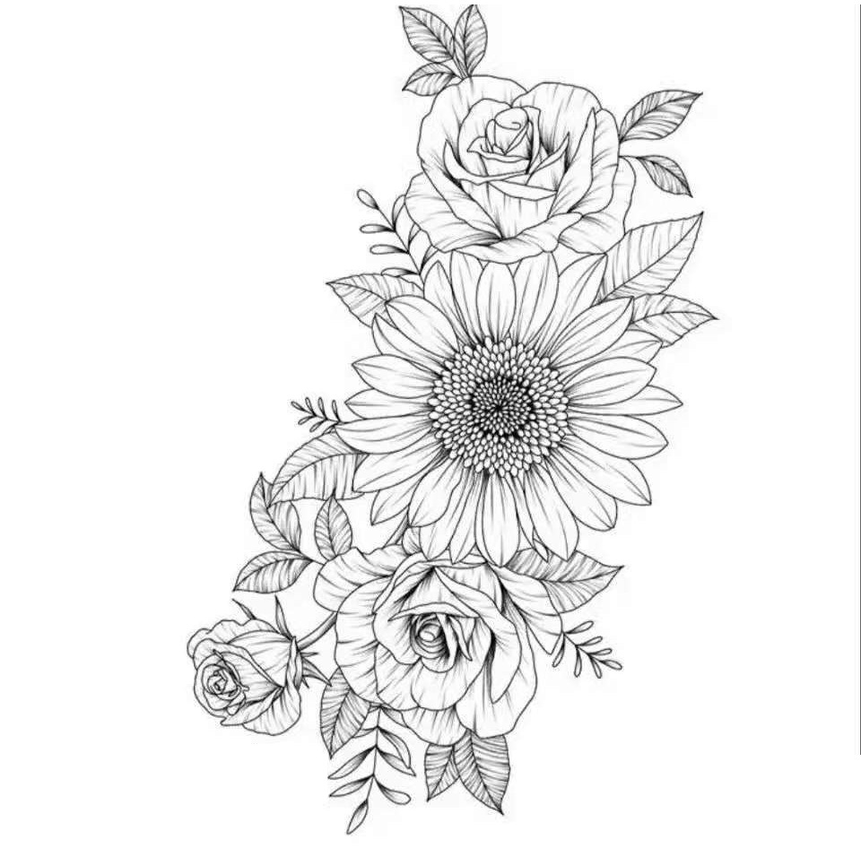 现货批发黑白素描花朵纹身贴暗黑花臂纹身贴纸玫瑰花朵tattoo