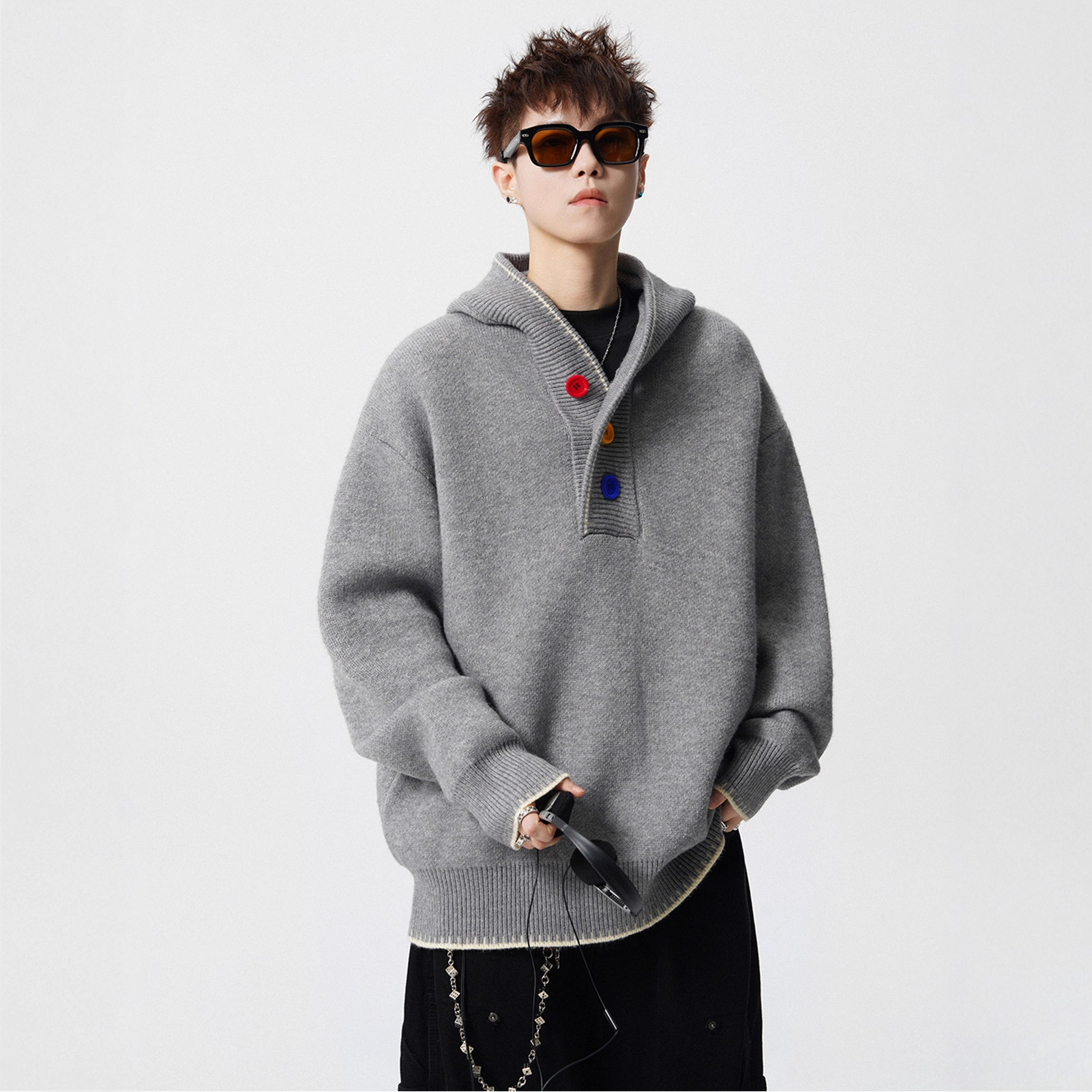 美式彩色纽扣连帽毛衣外套男女秋冬新款宽松慵懒风潮牌针织衫上衣