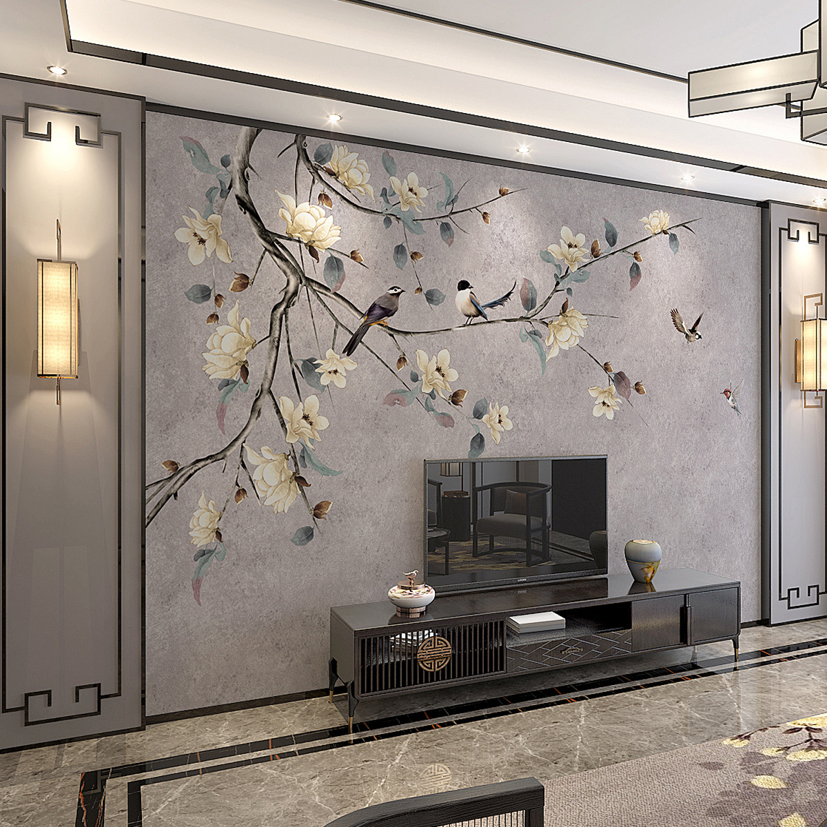 原创中式艺术典雅精致花鸟电视背景墙壁画客厅影视墙壁纸墙纸