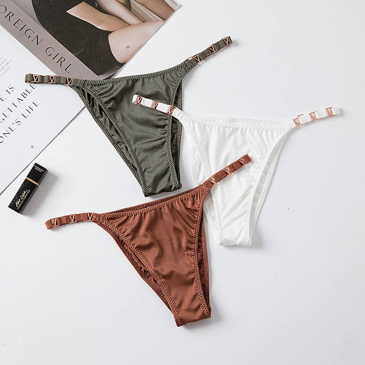 欧美性感v字金属冰丝内裤健身运动提臀低腰高叉丁字裤半包臀女