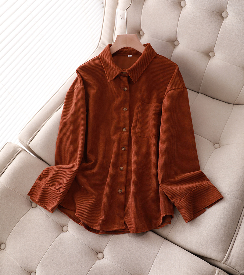 2021秋装新款灯芯绒外套女休闲长袖复古文艺纯色宽松条绒上衣百搭