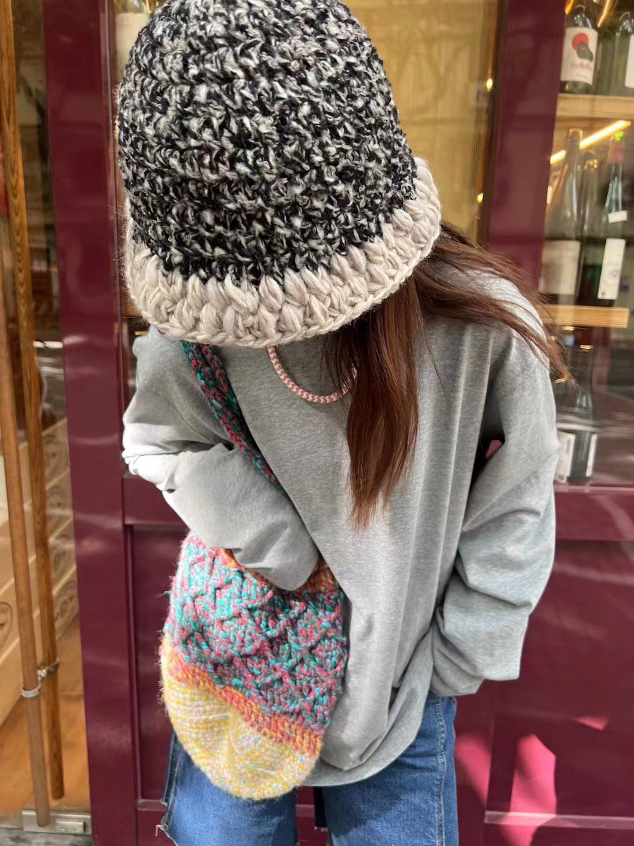 23秋冬新款日系保暖针织帽拼色撞色渔夫帽双色手工钩针盆帽女潮