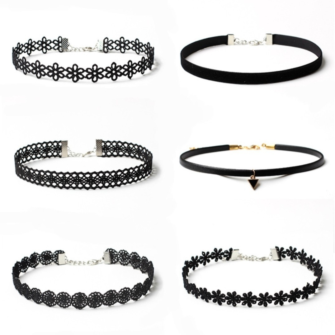 跨境黑色弹力哥特式纹身朋克蕾丝颈链套装小珍珠花朵黑色颈链套装