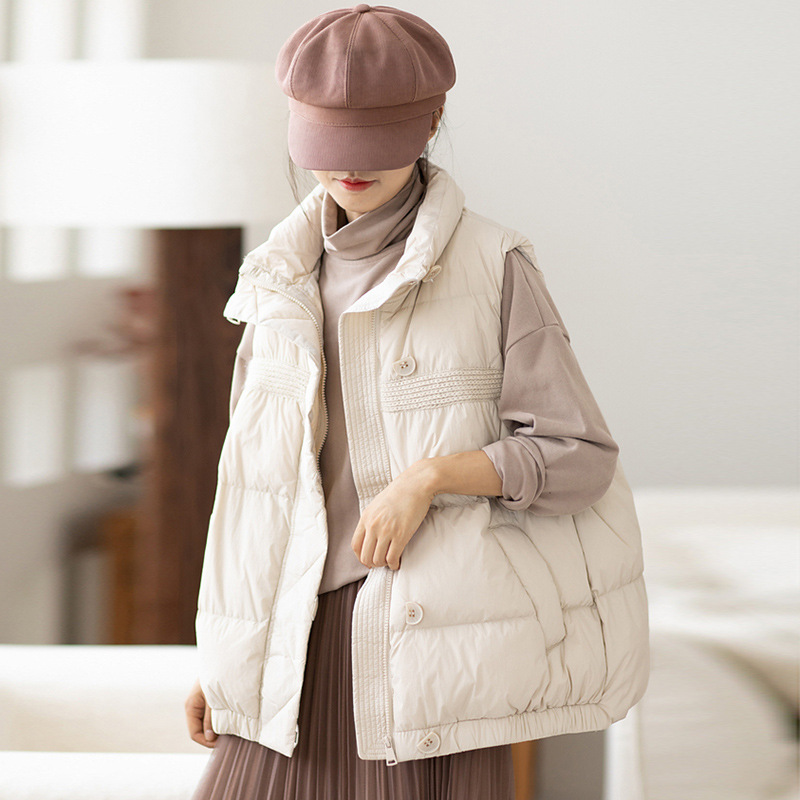 羽绒马甲女2022新款保暖白鸭绒背心外穿韩版宽松洋气半扣马夹爆款