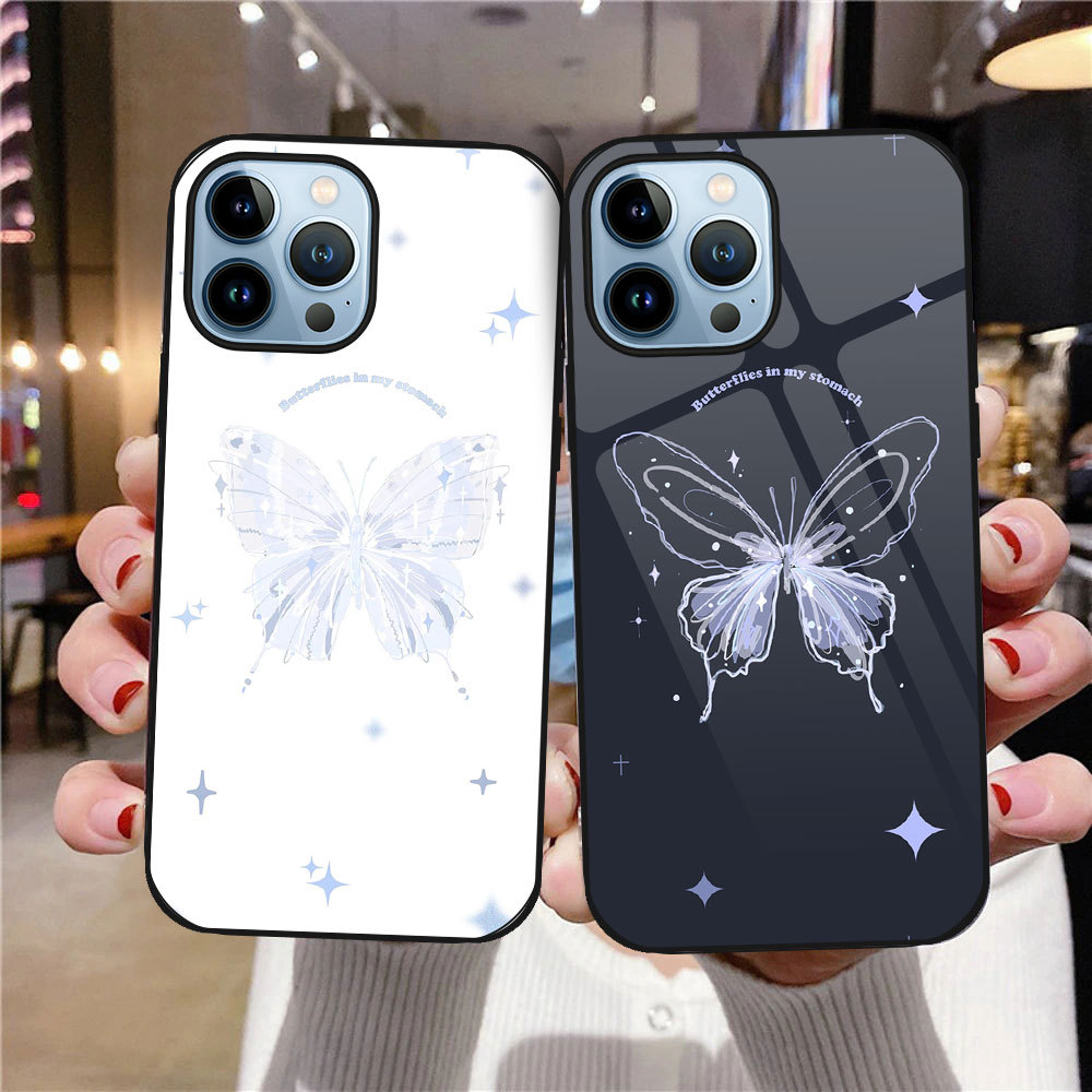 12 13pro苹果14 pro max手机壳蝴蝶钢化玻璃壳uv打印彩绘适用xr