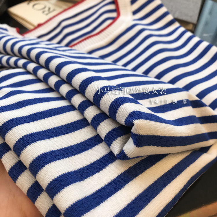 清爽蓝白条纹宽松圆领/v领海魂衫针织衫t恤女春夏薄-阿里巴巴