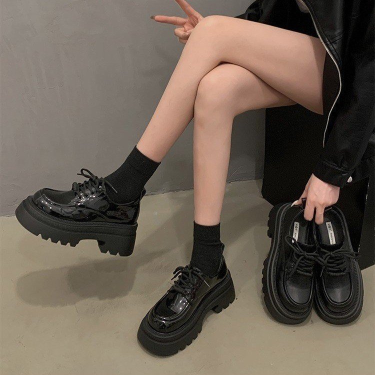 厚底小皮鞋女英伦风春季2024新款法式黑色单鞋增高系带松糕乐福鞋
