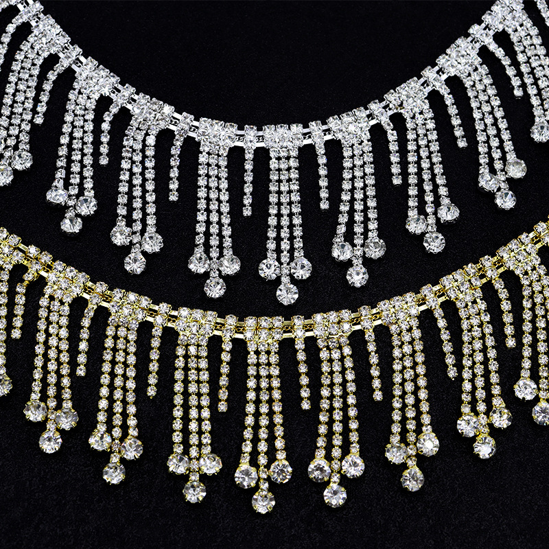 钻链流苏链钻石烧焊帽子水钻链diy服装配饰花式爪链手工金色链条-阿里